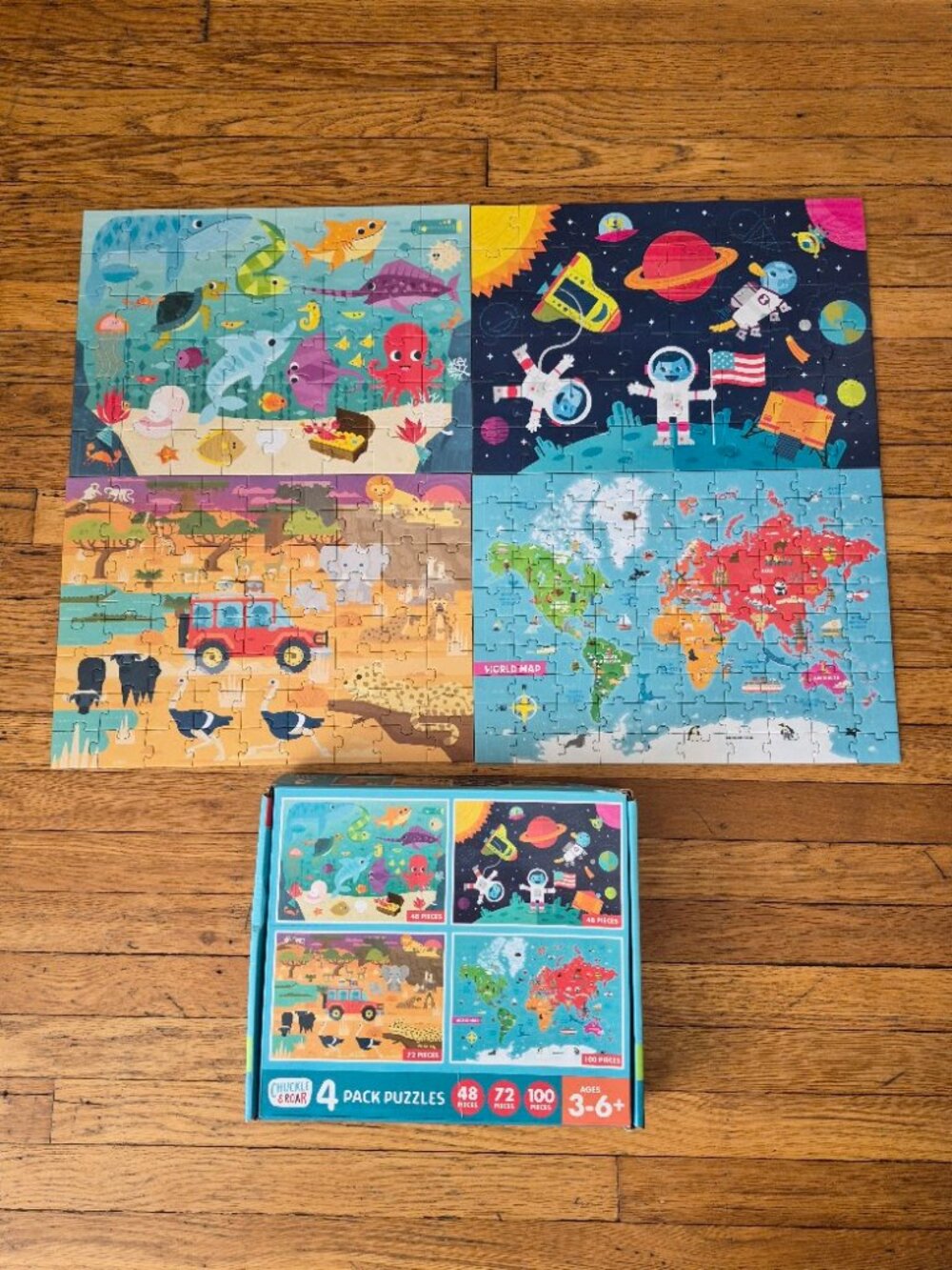4 Pack Puzzles for Kids by Chuckle & Roar-World map-sea life, space and safari